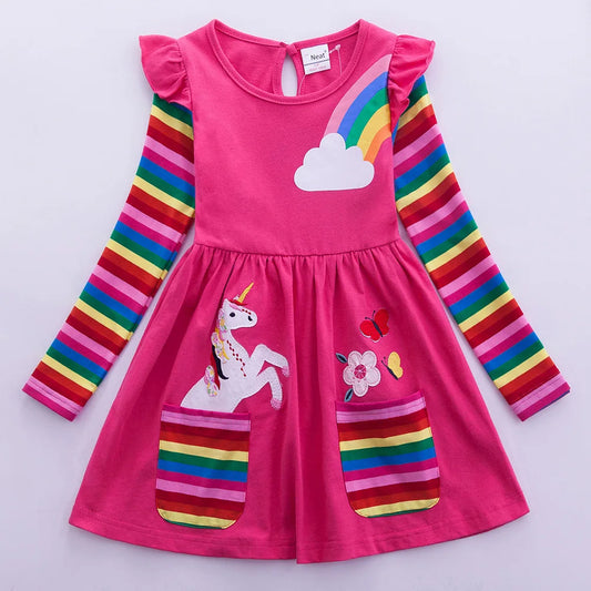 Girls' Long Sleeve Unicorn Dress Autumn Embroidery Two Pockets Rainbow Sleeves