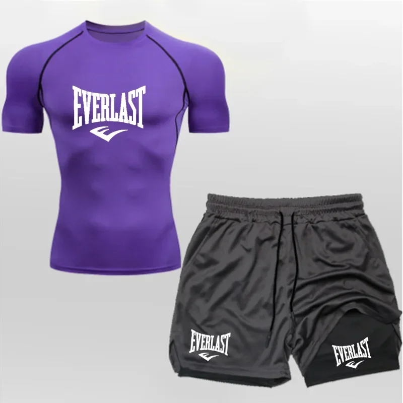 EVERLAST Men's Compress Shirt + 2-in-1 sports shorts 2pcs Set Leisure Breath Short Sleeve Sport Jogging Gym Brand Print Clothing
