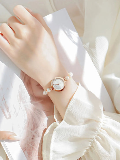 LUCKY FOX New Minimalist Style Pearl Bracelet Women Quartz Watch Fashionable Small Disc Design Light Luxury Jewelry Women Watch