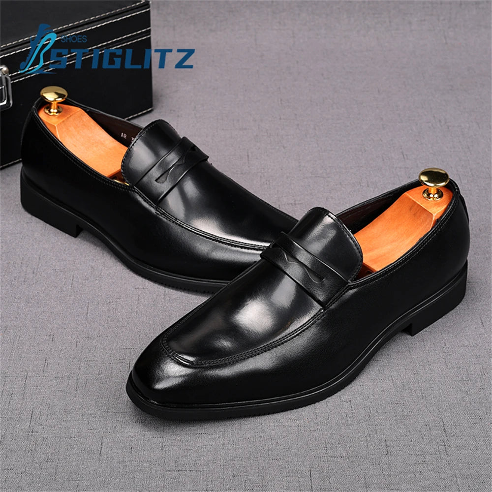 Men's Business Formal Wear Shoes Solid Genuine Leather Loafers Round Toe Slip On Shallow Loafers Wedding Suit Shoes for Men New