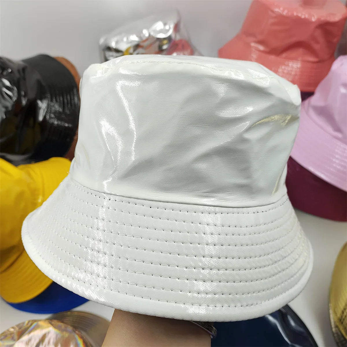 Colorful Shiny Leather Two Sided Fisherman Hat Women's and Men's Hip Hop Summer Sunshade Hat Foldable Bucket Hat