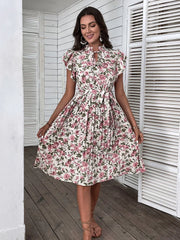 Fashion Boho Floral Printed Pleated Short Sleeve Midi Dress Spring Summer