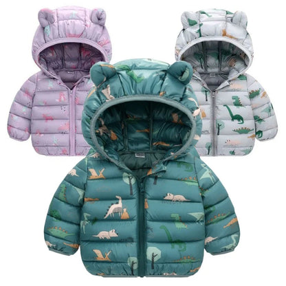 Children Boys Baby Hooded Lightweight Down Jackets Warm Outerwear Autumn Kids Girls Coats Cartoon Dinosaur Print Casual Clothing