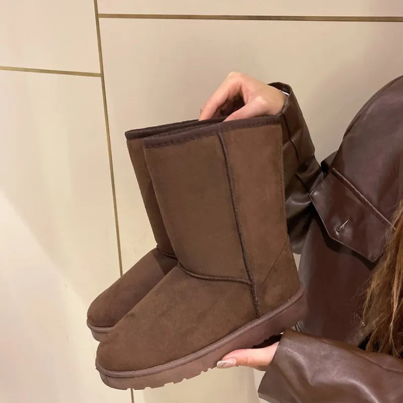 Women Leather Warm Snow Boots Causal Plush Fluffy Anti-cold Zipper Boots