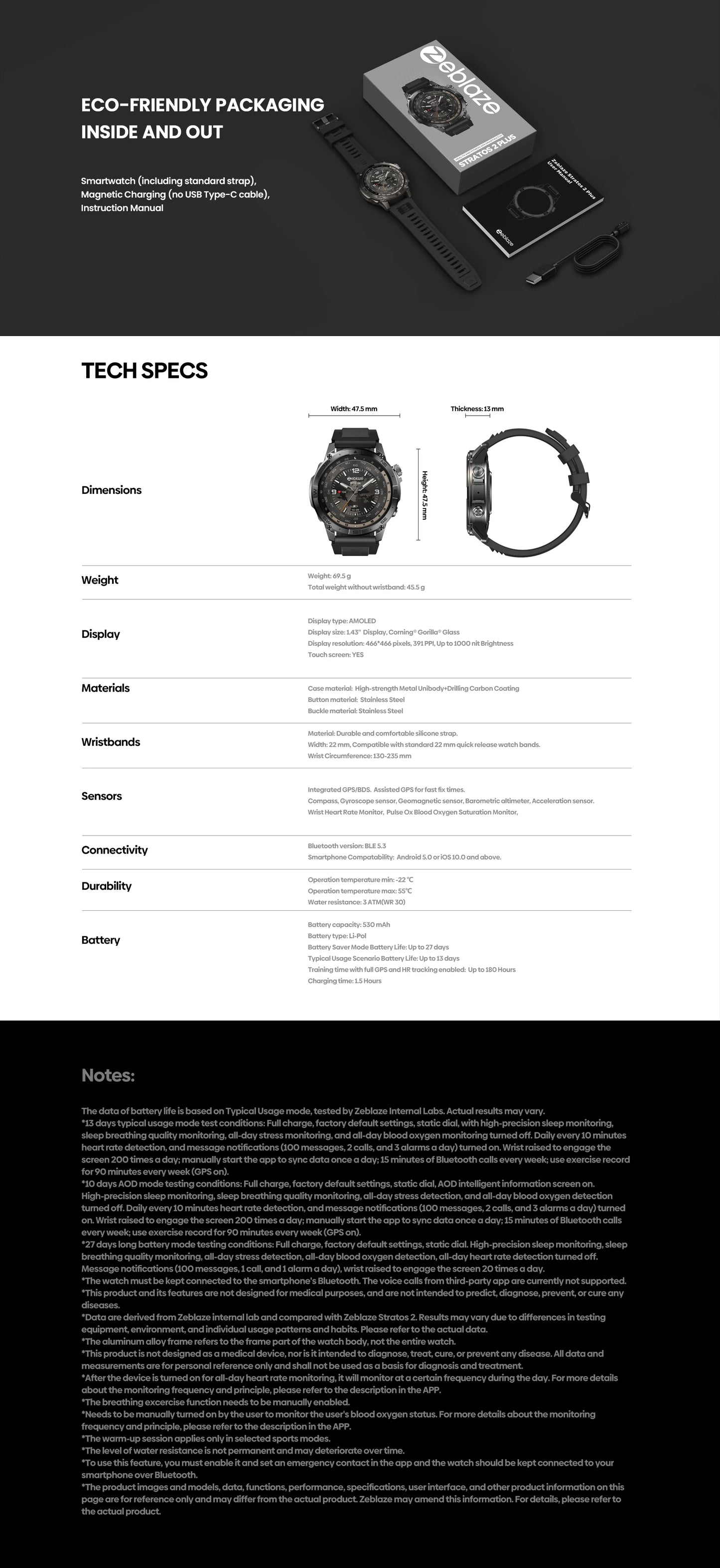 New Zeblaze Stratos 2 Plus GPS Smart Watch 1.43'' AMOLED Display Compass Barometric Altimeter Bluetooth Phone Calls Smartwatch