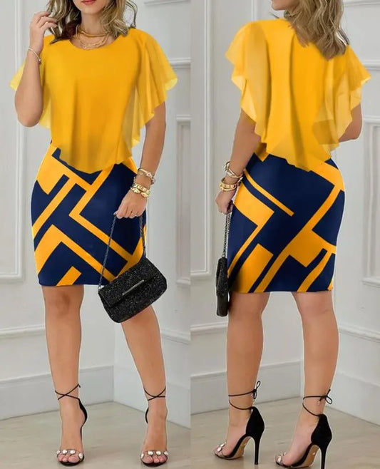 Short Sleeve Elegant Dresses for Women Geometric Print Ruffle