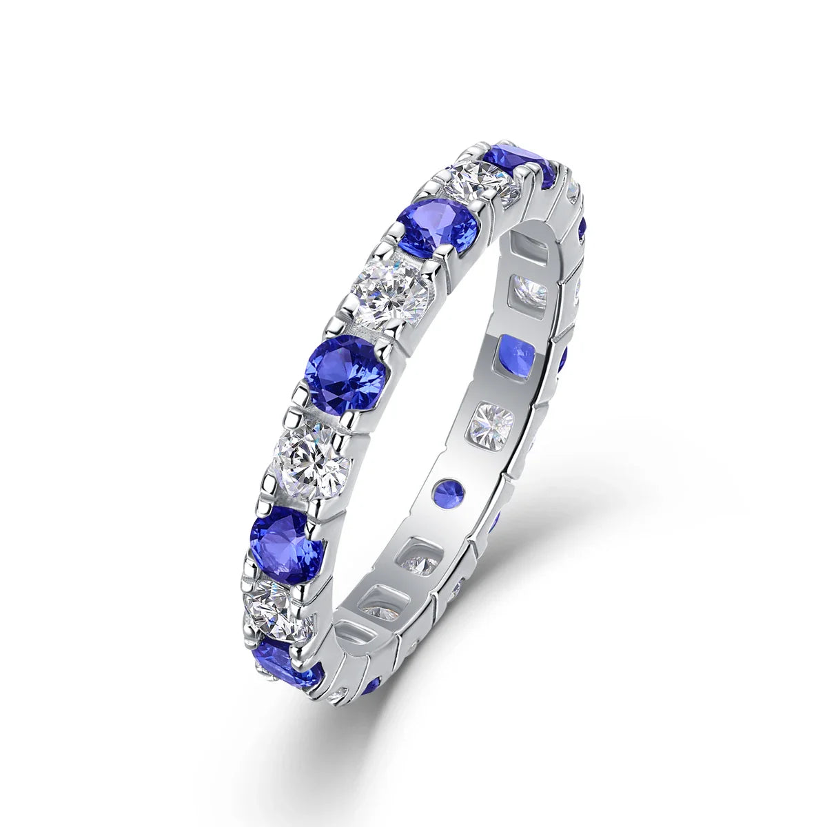 Elegant S925 Silver Ring with Alternating Moissanite & Blue Sapphires, 18K Gold Plated, Exquisite Design, Includes GRA Certifica