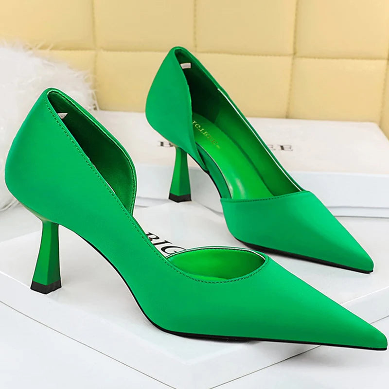 Women 7cm High Heels Green Purple Red Pumps Small Size 34-40 Stripper Evening Silk Escarpins Lady Wedding Bridal Scarpins Shoes