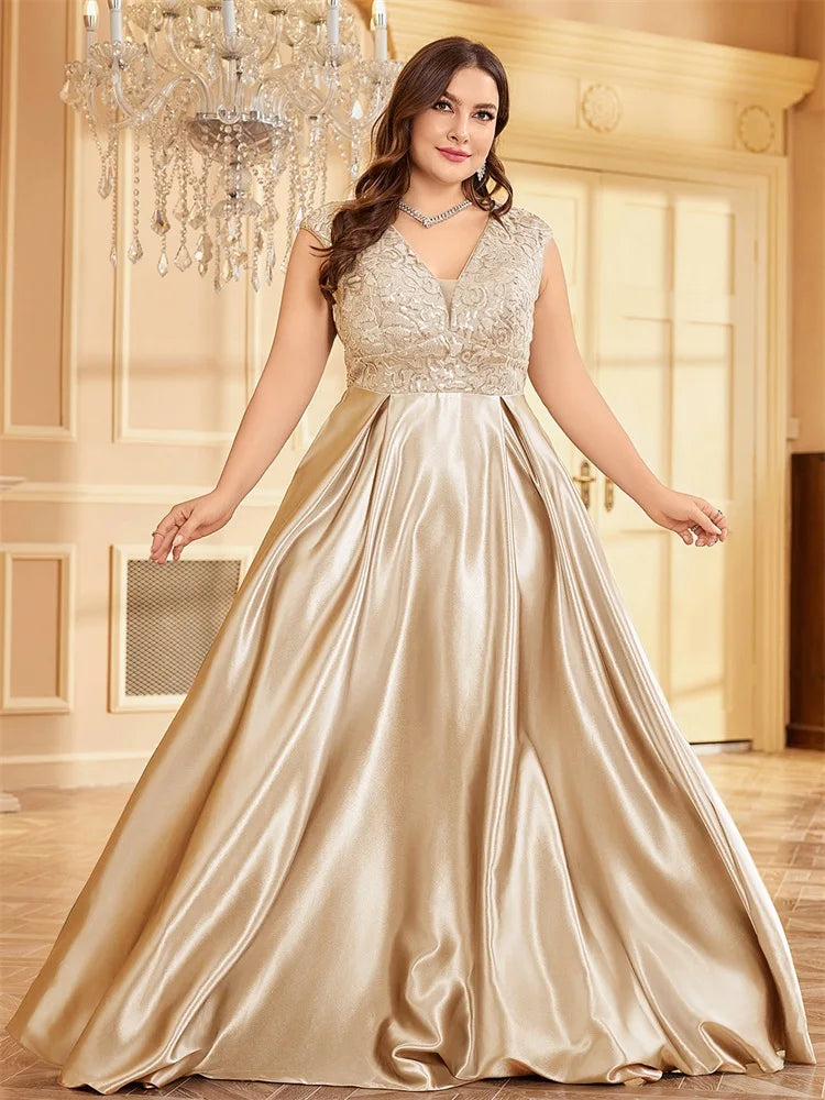 Homecoming Dresses: Plus Size Luxury Gold Satin V-Neck Evening Dress Women