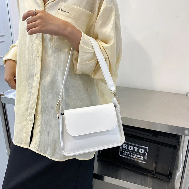 Chic Simple Small Flap Shoulder Bags For Women Solid Color Pu Leather Handbag