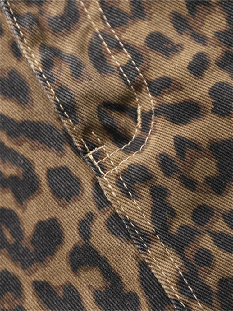 Y2K Leopard Print Jeans Women High Waisted Korean Style Wide Leg Denim Trousers