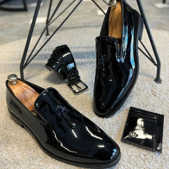 Black Loafers for Men Patent Leather Tassels Wedding Business Men's