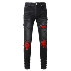 Men's Cracked Red Pleated Patch Biker Jeans Streetwear Patchwork Stretch Denim