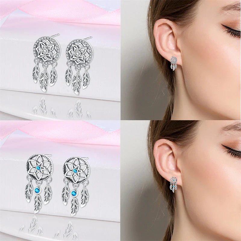 New in 925 Silver Romantic Feather Moon Stars Dream Catcher Earrings For Women Trending Fashion Jewelry Creative Birthday Gifts