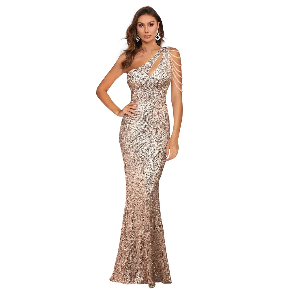 Evening wear Dresses: Gold Sequin Dress Women Beading Long Dress Party Maxi Dress