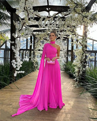 Cathy Fuchsia One Cape Sleeve Vestidos De Noche Pleated Fabric Prom Dress