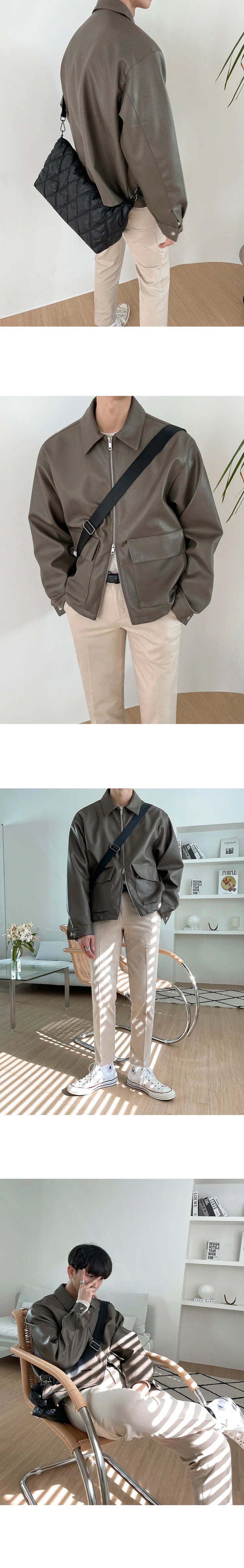 Lapel Men PU Leather Jacket Korean Style Biker Clothing
