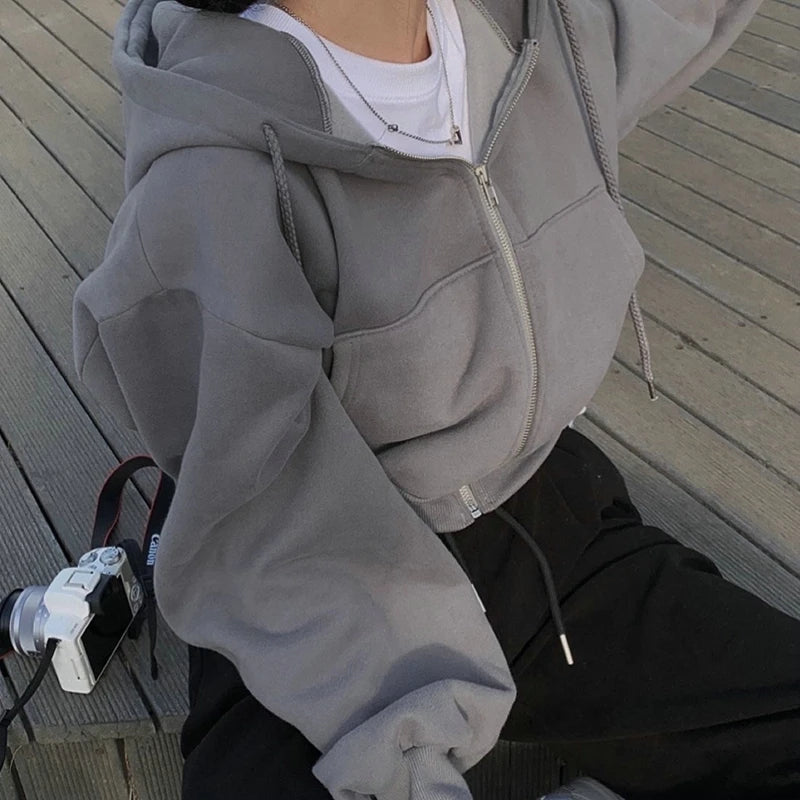 Women Hoodies Autumn Retro Solid Zip Up Oversize Sweatshirts Harajuku