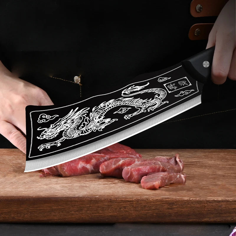 Dragon Pattern Forged Bone Chopping Knife Stainless Steel Meat Cleaver Sharp Knife