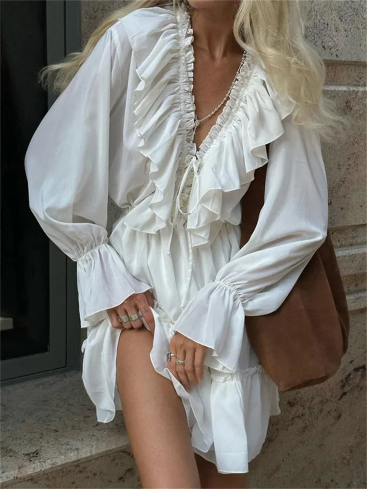 Talenza White Ruffle Bandage Mini Dress Women's Elegant Patchwork Long Sleeve Dress New Slim V Neck Lace Up Summer Mini Dress
