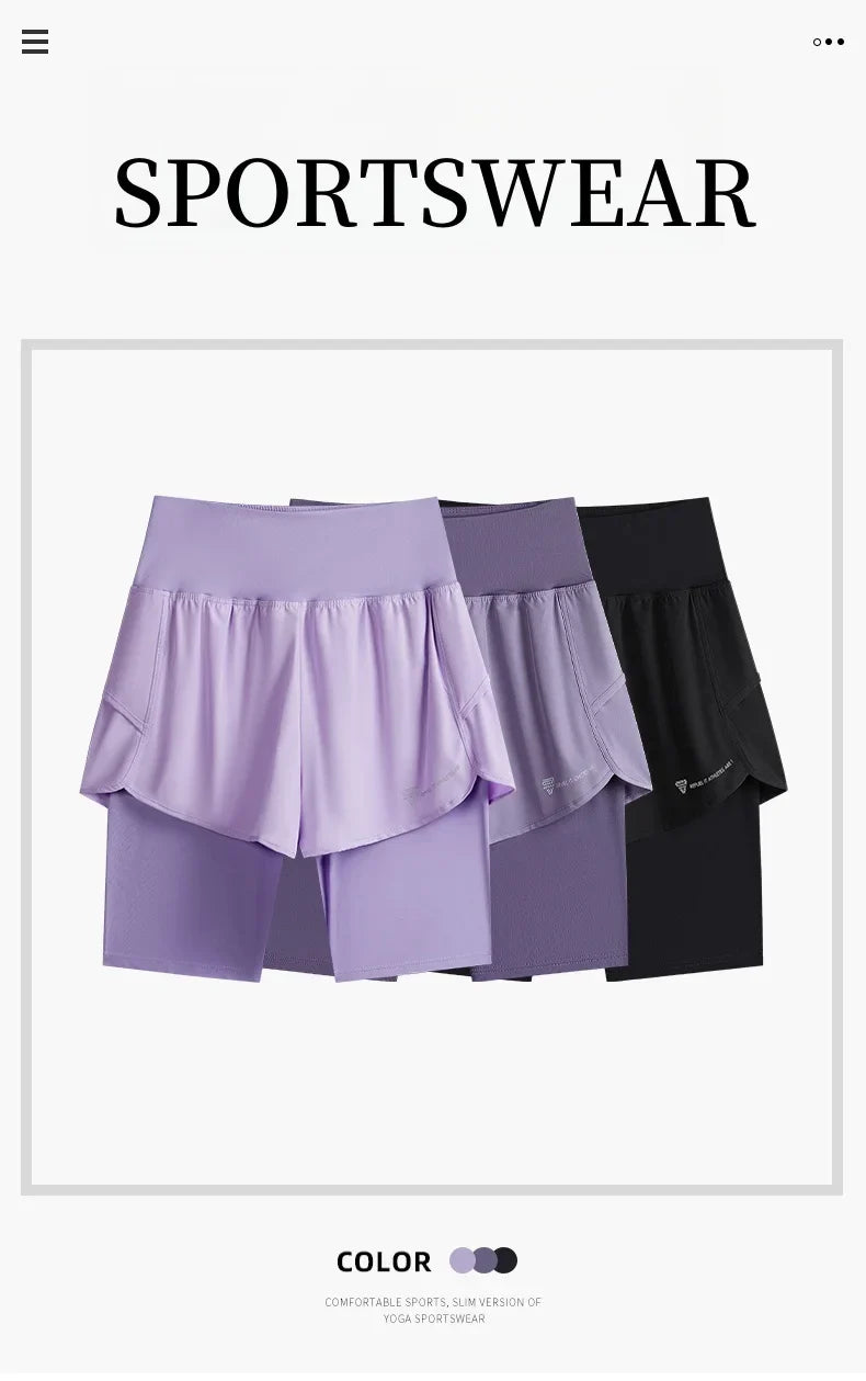 DRUR Yoga Shorts Women Summer Fake Two Piece High Waist Loose Gym Shorts With Pocket Ladies Lightweight Fitness Running Clothes
