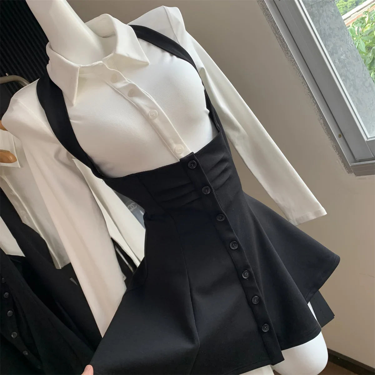 DUOJIHUI Two Piece New Sexy Chic Halter Female Dresses Basic Polo Neck Fashion Button Shirt Slim Simple A-line XS-L Women Dress