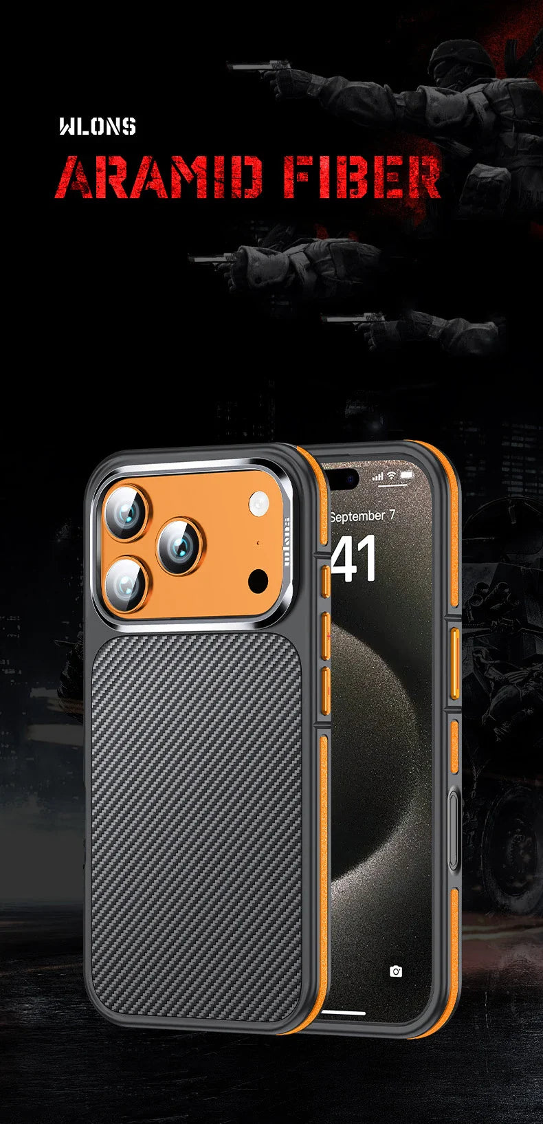 Conelz For 600D Kevlar Series Iphone pro 17 Pro Case with Magnetic Metal Camera Ring Wrapped Edge for iPhone 17 pro max Case
