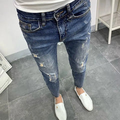 Men's Korean Style Classic Jeans Blue Ripped Jeans for Men Fashion Trendy