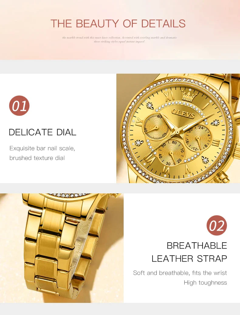 OLEVS Women's Watches Top Brand Luxury Original Quartz Watch for Ladies Chronograph Waterproof Luminous Rhinestone Dial 24 Hour