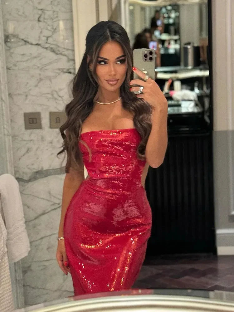 Evening wear Dresses: Backless Silvery Maxi Dress For Women Fashion High Waist
