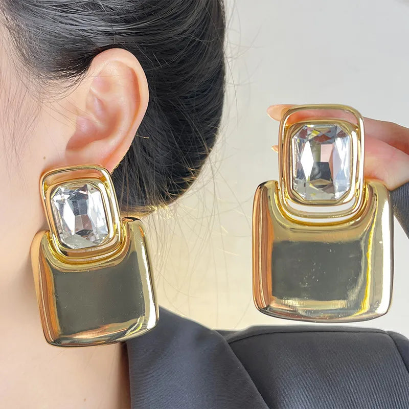Vintage Exaggerated Metal Square Geometric Crystal Large Earrings for Women European American Personality Party Heavy Jewelry