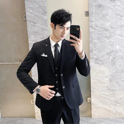 ( Jacket + Vest + Pnats ) Spring and Autumn Plaid Suit Men Luxury Slim Fit Dress Mens Formal Business Office Plaid Suit Groom