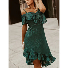 Plus Size Women's Slim Fit Green Off Shoulder Sequin Dress Ruffle