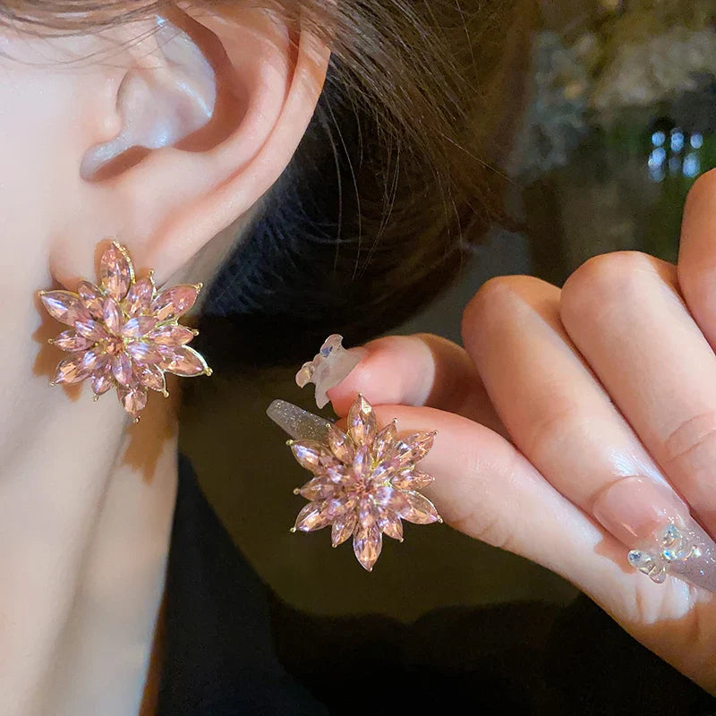 Rhinestone Flower Earrings for Women Korea Simple Sweet Stud Earrings Luxury High-grade Solid Color Charm Jewelry Girls Gift