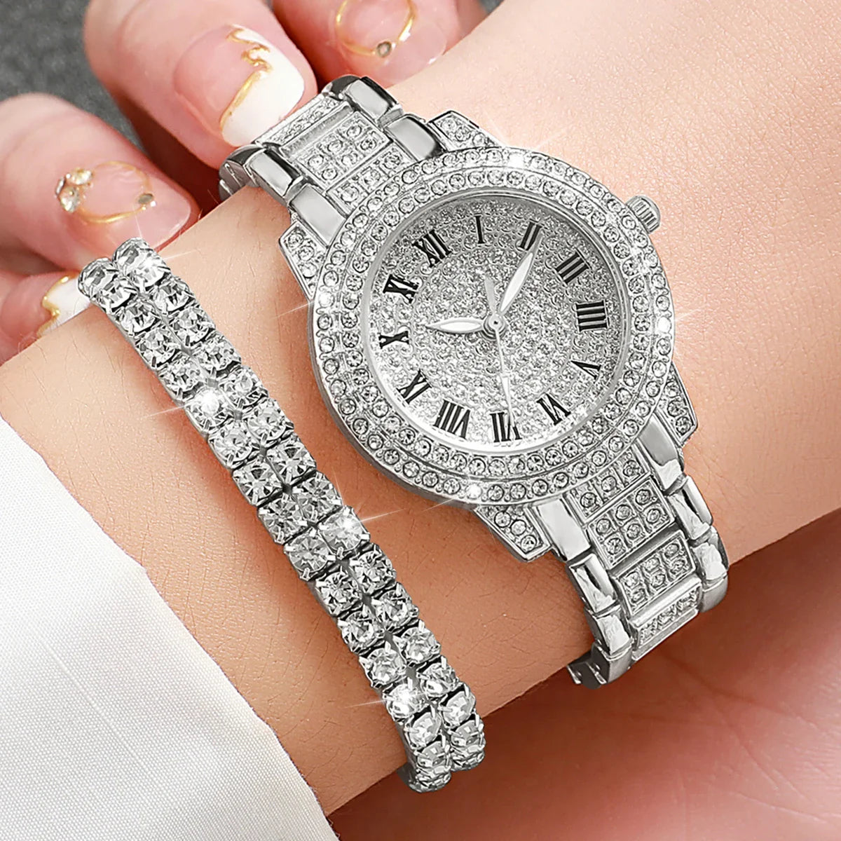 6PCS/Set Luxury Full Diamond Women Watches Fashion Ladies Quartz Wristwatch Jewelry Set Reloj Mujer（Without Box）