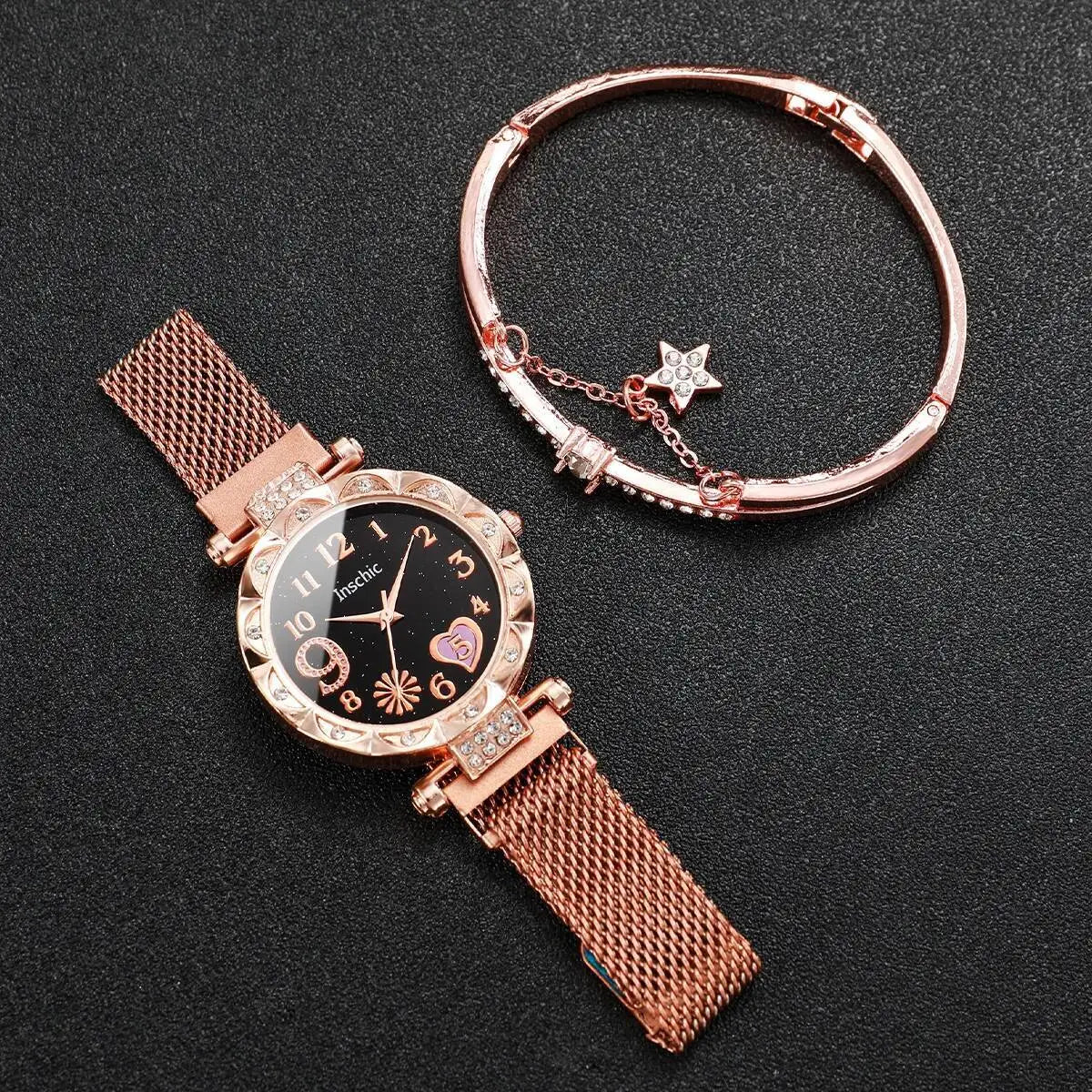 2PCS Fashion Women's Watches Set Magnet Buckle Mesh Strap Analog Quartz Watch Star Bracelet Set Reloj Mujer
