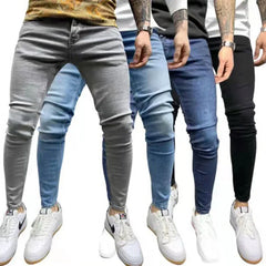 Men Fashion Thin Skinny Jeans Male Hip-hop Trousers Pure Color Ripped