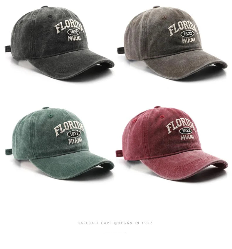 Vintage Washed Cowboy Baseball Cap for Men Women FLORIDA Embroidery Sun Cap Casual Snapback Hip Hop Hat Curved Brim Soft Top Hat