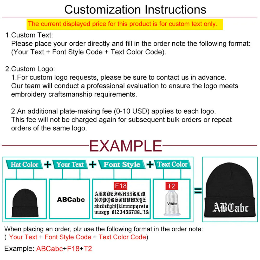 Personalized Custom Beanie Embroidery Text Name Design Logo Winter Hat for Men Women Knitted Cap