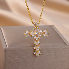 Cross Pendant Necklace for Women Gold Color Stainless Steel Collar Necklaces