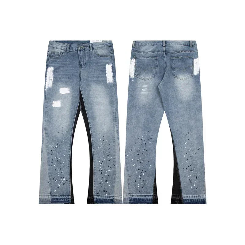 Jeans retro personalized straight-leg splicing flared pants trendy denim trousers