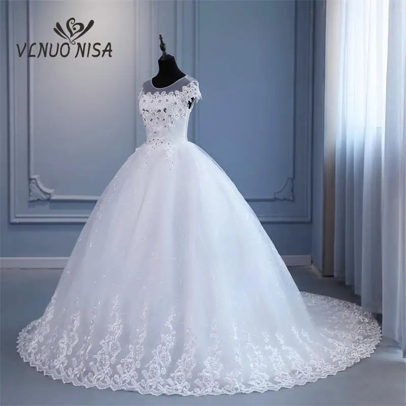 White Bridesmaid Dresses: Plus Size Wedding Dress with Sleeve O Neck Brides Dress Floor