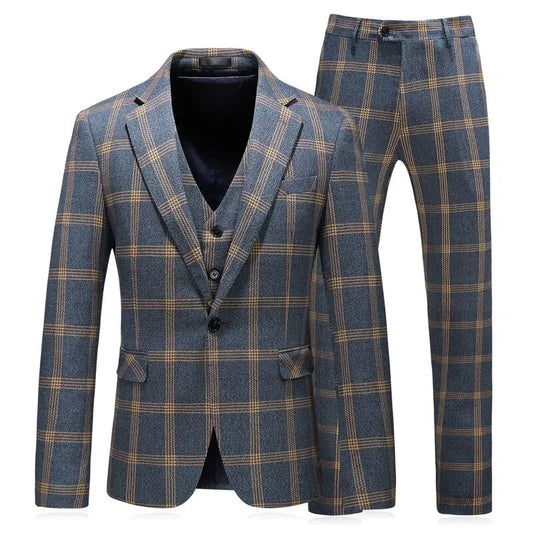 Slim Fit Plaid Blazer Set Formal Business Notch Lapel One Button Men Suits Party Wedding 3Pcs Male Tuxedo (Jacket+Vest+Pants)