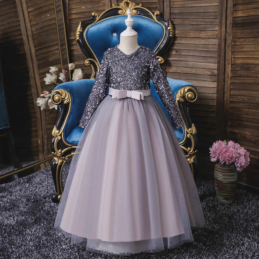 318 Girl's Birthday Evening Dress Long Sleeve Sparkling Pong Skirt Flower Girl Wedding Dress Piano Performance Dress