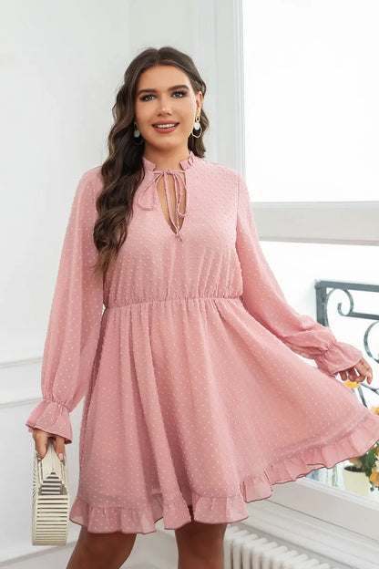 Plus Size V Cut Out Neck Women's Dress Lace-Up Long Ruffle Sleeve Robe Elastic Waist Pink Dot A-Line Mini Elegant Dresses