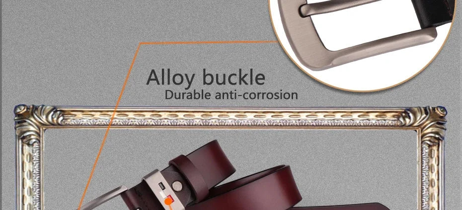 Men's Genuine Leather Alloy Pin Square Buckle Belts High Quality Vintage Style Male Waist Straps Classic Men Jeans Waistband