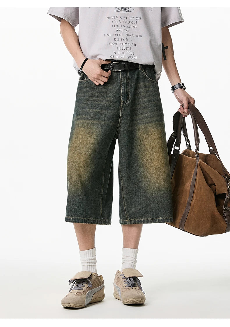 2025 Summer Men's Wide Leg Jeans Shorts Vintage Distressed Wash Y2K Straight Elastic Waist Loose Casual Relaxed Fit