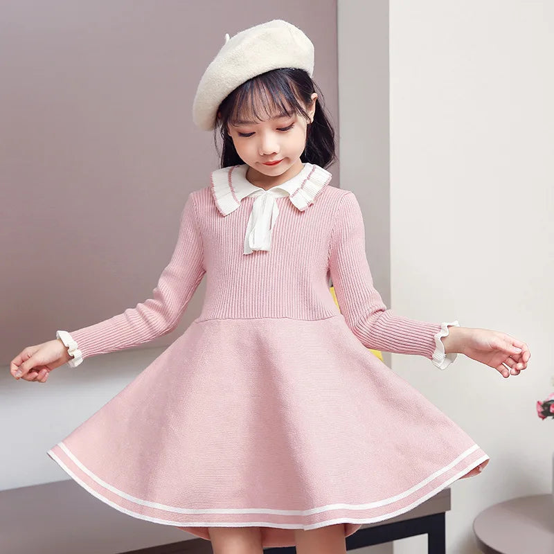 Children warm Sweater dress for girls infant casual pure color Pleated princess