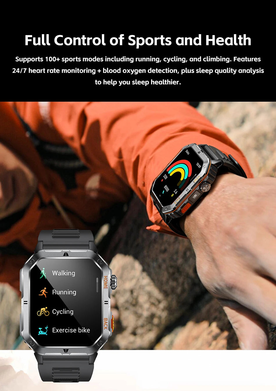 New 1000mAh Battery Outdoor Sports Smart Watch 2.01 inch HD Screen LED Flashlight Bluetooth Talking SmartWatches For Men Women