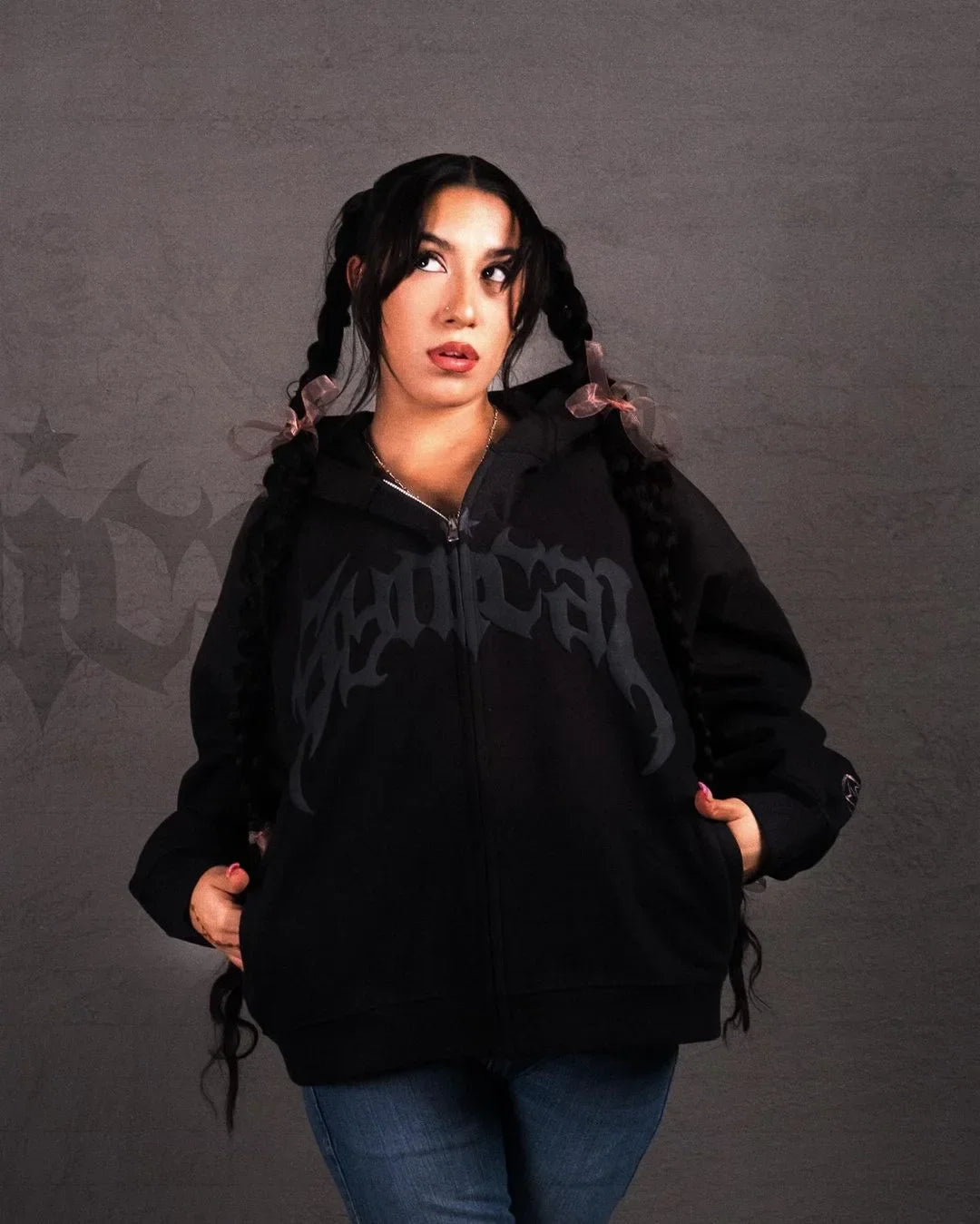 Hooded American retro zipper sweatshirt Gothic letter star print hoodie trendy men's casual